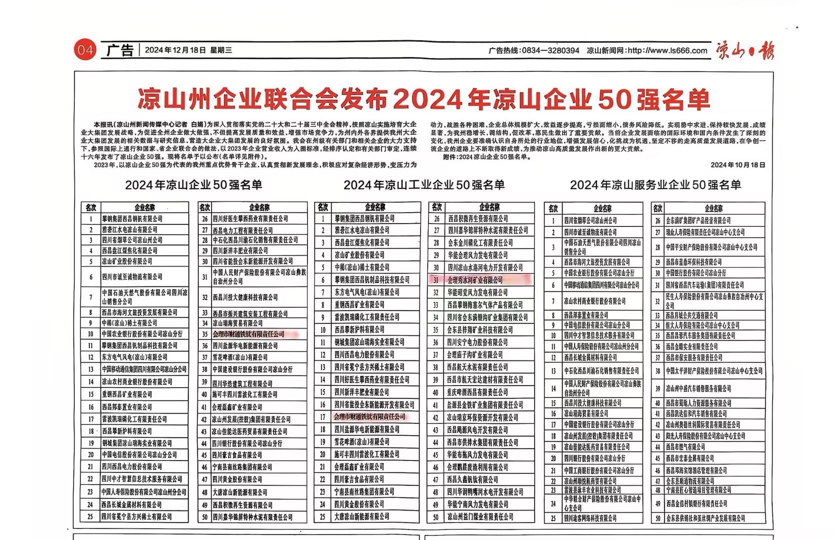 喜報(bào)！聯(lián)鑫礦業(yè)會(huì)理區(qū)域雙星閃耀，共登涼山工業(yè)企業(yè)50強(qiáng)榜單(圖2)